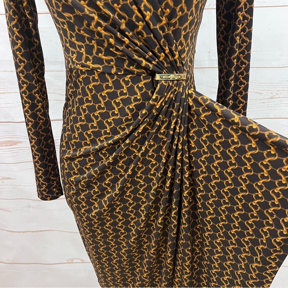 Michael Kors Espresso Chain Link Print Stretch Jersey Faux Wrap Dress - Picture 4 of 14